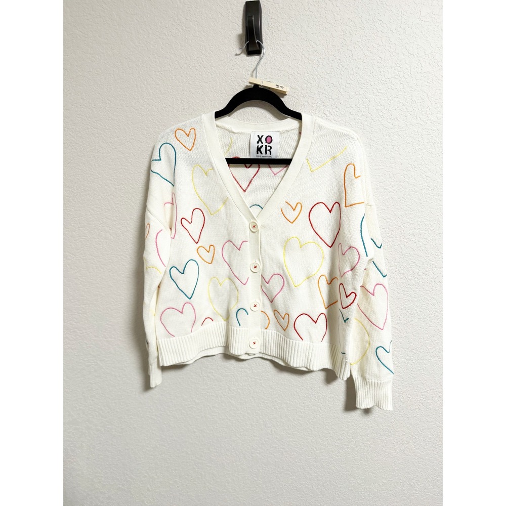 Kerri Rosenthal XO KR Heart Embroidered Cardigan Sweater Cream Multi XS